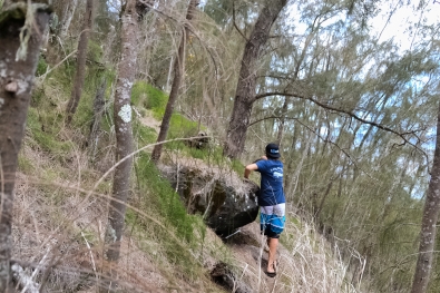 Torin negotiates steep terrain across a treacherous carpet of slippery pine needles in the area of the Bunker, up on Bummer Hill. Photo by James MacLaren. Torin negotiates steep terrain across a treacherous carpet of slippery pine needles in the area of the Bunker, up on Bummer Hill. Photo by James MacLaren.